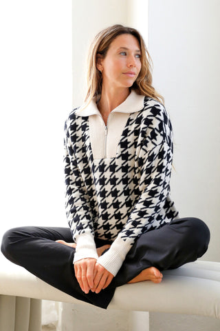 Elevated 1/4 Zip : Black Oatmilk Houndstooth *Restocks in April